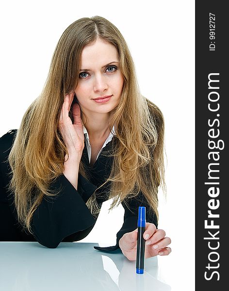 Young business woman with marker on white. Young business woman with marker on white