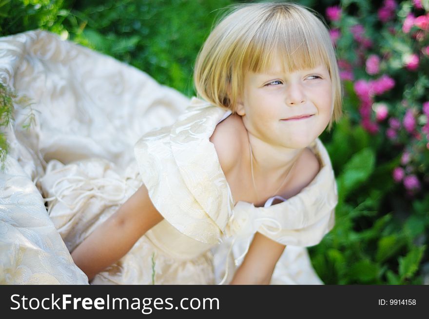 The girl the blonde in a beautiful dress sits on a grass. The girl the blonde in a beautiful dress sits on a grass