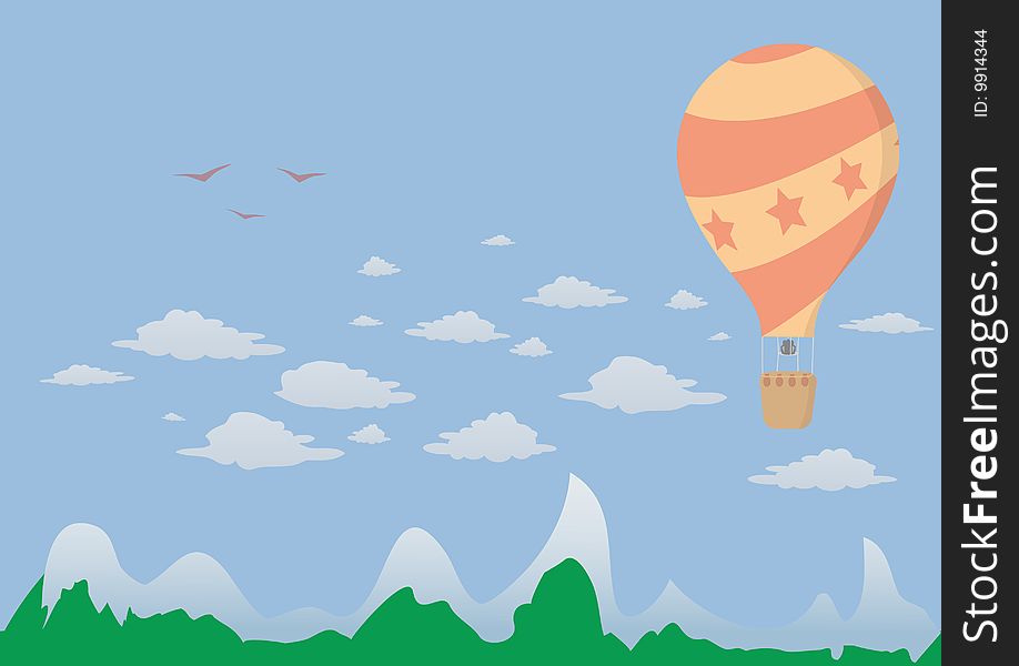 Mountain landscape with striped balloon in the sky