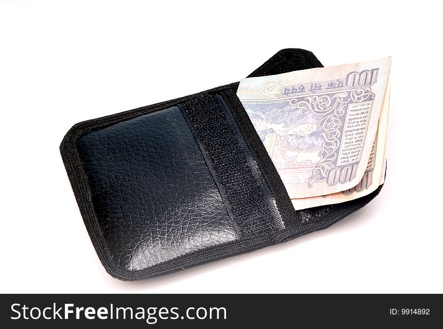 Indian currency notes in leather pouch. Indian currency notes in leather pouch.