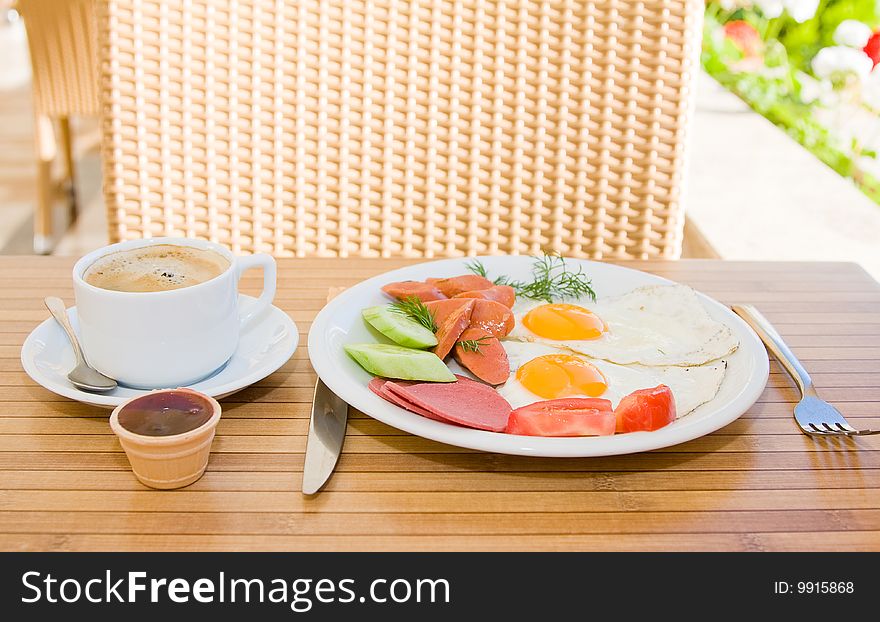 Breakfast served on the table. Breakfast served on the table