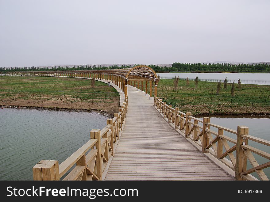 There is a bridge and long corridor in a park.