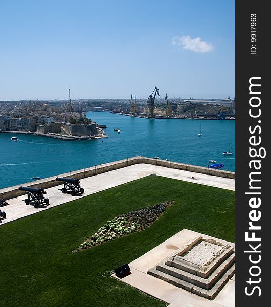 A View of the Lower section of the Upper Barrakka Gardens as seen from the Gardens Balcony looking towards Fort St Angelo and the Grand Harbour