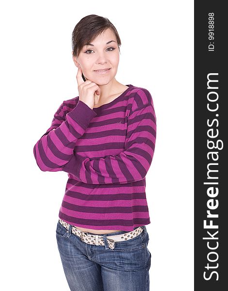 Young casual woman on white background