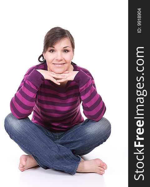 Young casual woman on white background