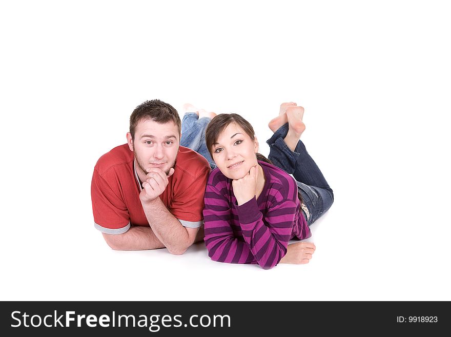 Happy young couple together on white background. Happy young couple together on white background