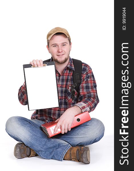 Young casual student on white background