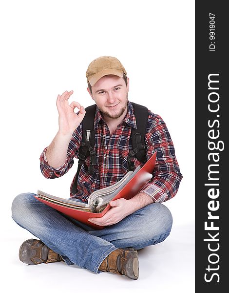 Young casual student on white background