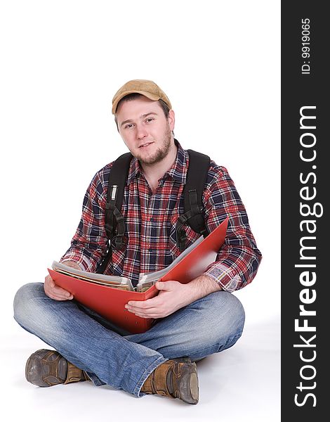 Young casual student on white background