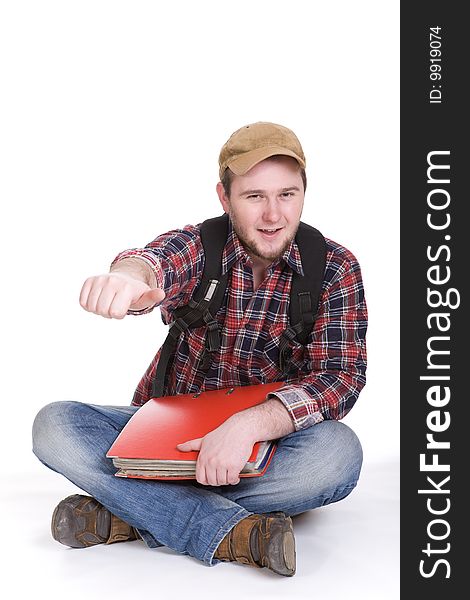 Young casual student on white background