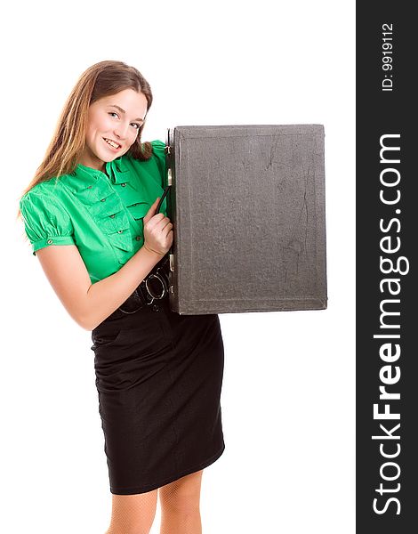 A cheerful young woman posing with a black leather attache case. A cheerful young woman posing with a black leather attache case