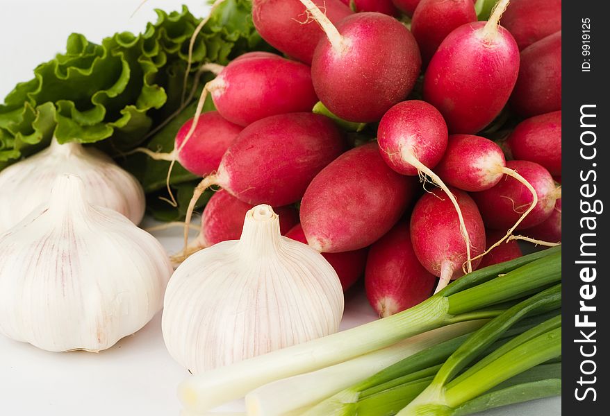 Spring onions, garlic, lettuce and radish bunch on the white background