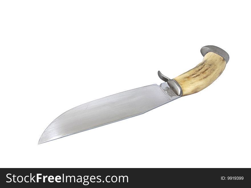 The universal handmade knife with image of winking owl. The handle is made of bone of a deer (with clipping path). The universal handmade knife with image of winking owl. The handle is made of bone of a deer (with clipping path)