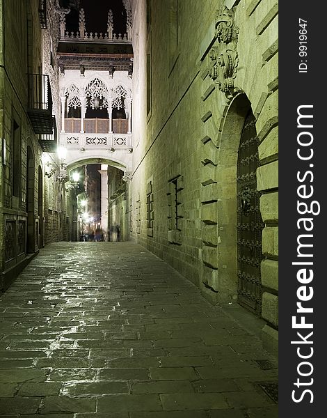 Gothic quarter at night. Lane with lamp in Gothic quarter in Barcelona. Gothic quarter at night. Lane with lamp in Gothic quarter in Barcelona