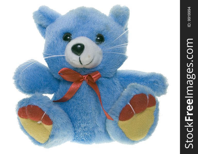 Blue teddy bear with a red bow