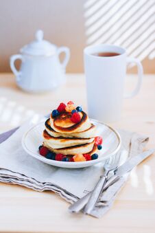 Breakfast, Lush Pancakes With Fresh Berries Royalty Free Stock Images