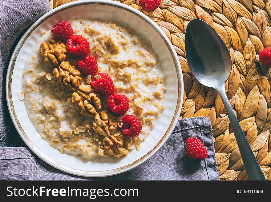 Morning Breakfast, Oatmeal In Milk With Berries