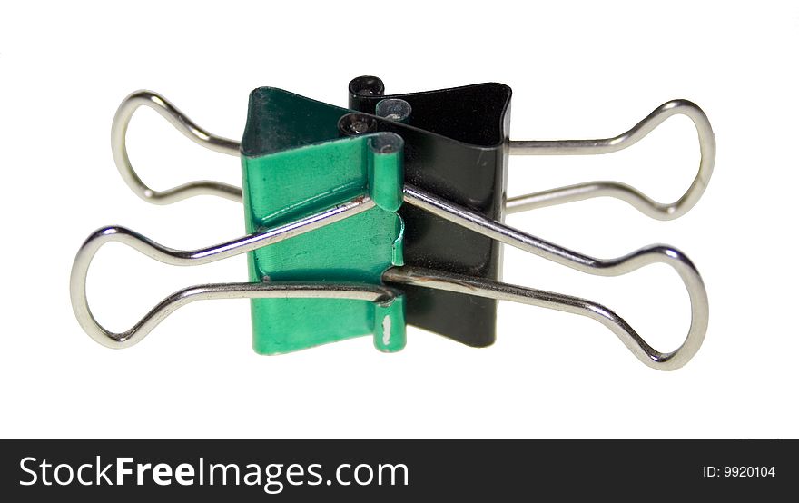 Two clips for office paper of black and green colour. Two clips for office paper of black and green colour