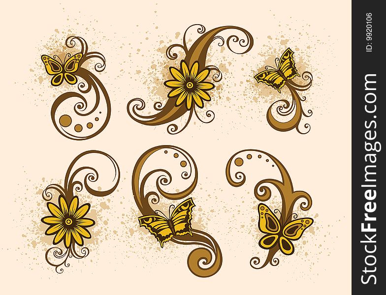 Floral design element with butterfly and drop