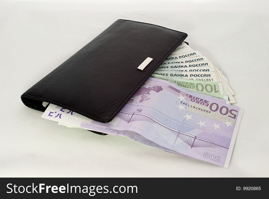 Locked wallet with money - a rouble and euro