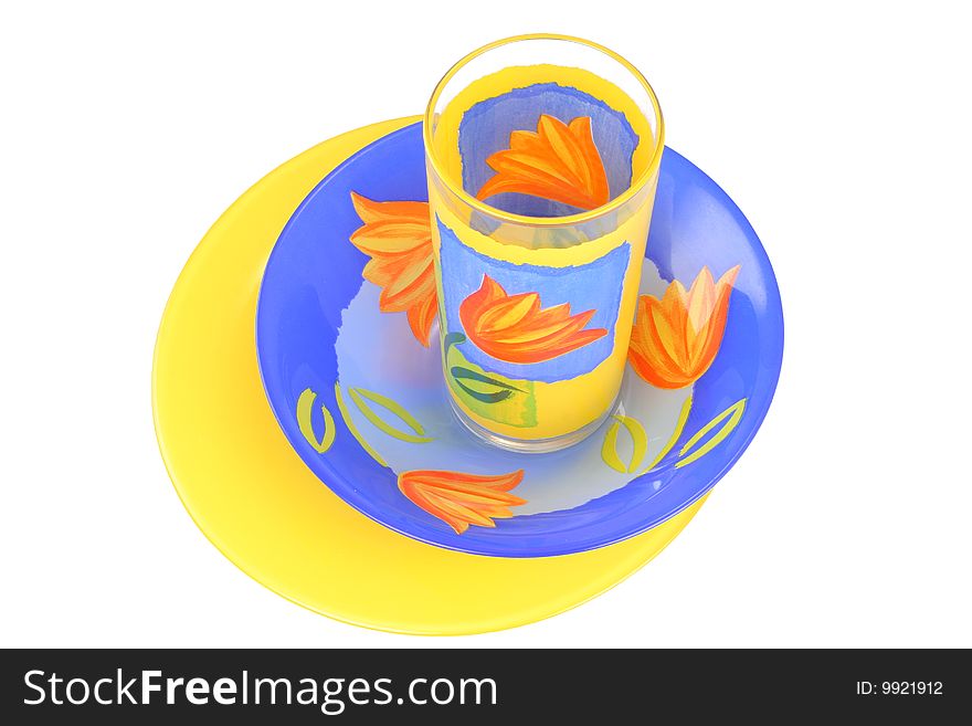 Two plate and glass on a white background