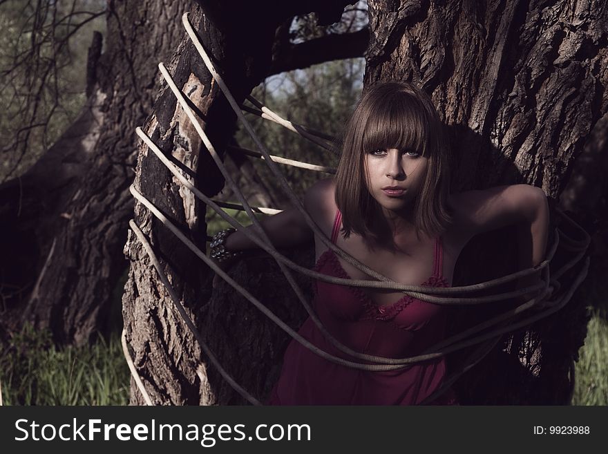 The adhered girl to a tree