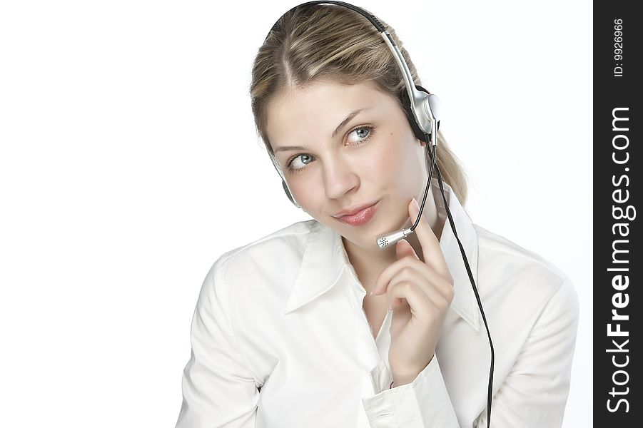 A friendly secretary/telephone operator in an office environment.