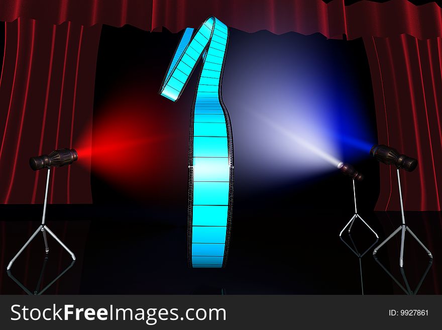 Blue film reel on black background lit by multy coloured lights