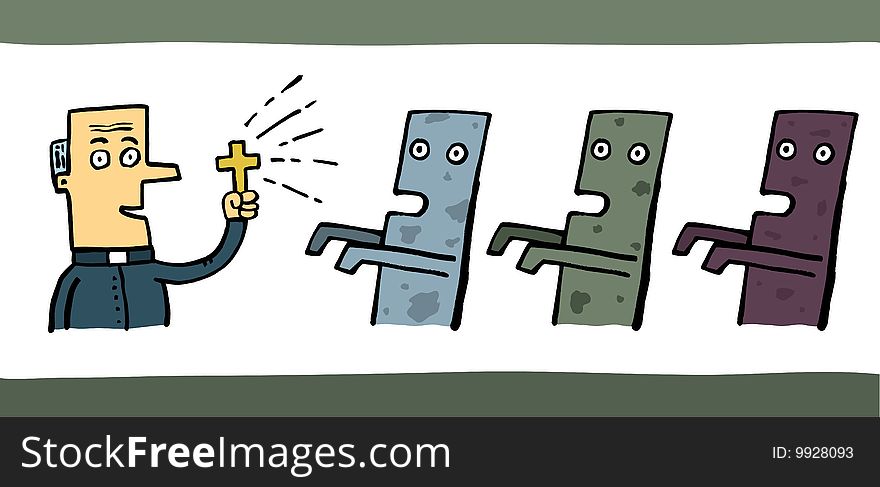 The priest resists to walking dead men, a vector illustration