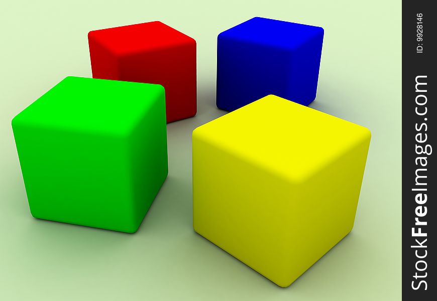 Four toy color cubes, rendered image. Four toy color cubes, rendered image