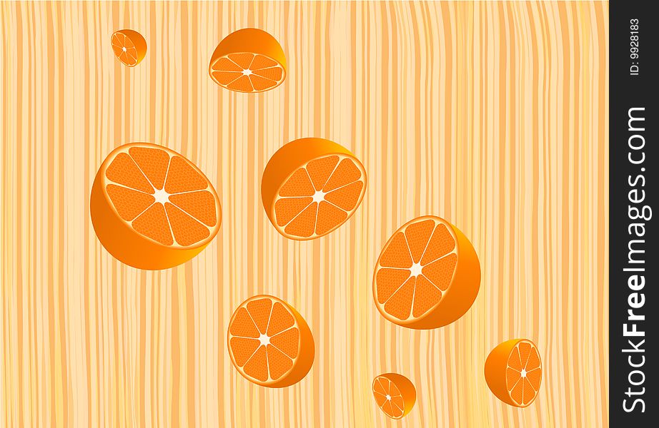 Oranges on  an orange background in a strip. Oranges on  an orange background in a strip