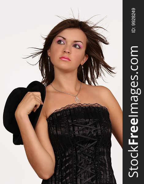 Girl with black hat an in black corset