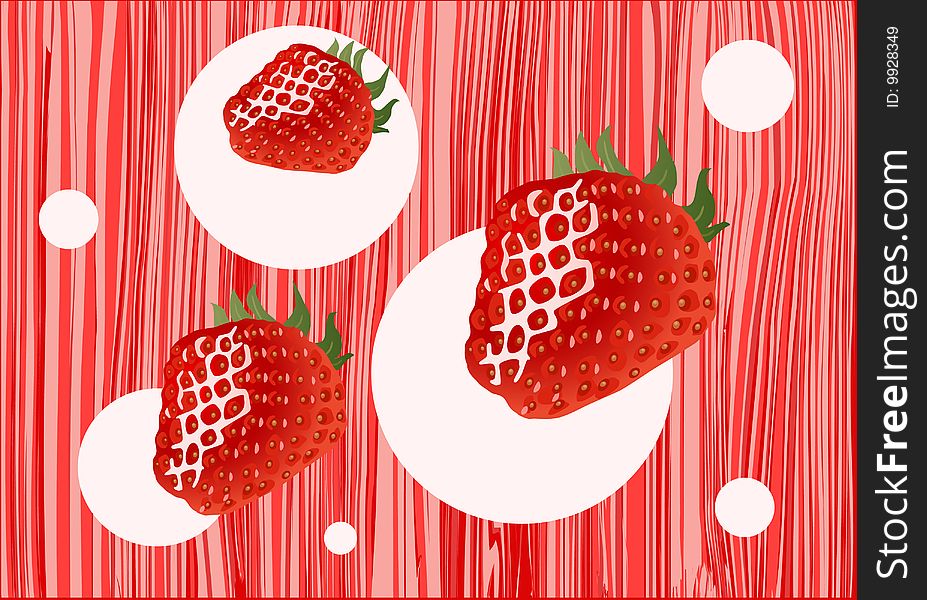 Three strawberries on a red background in a strip and circles