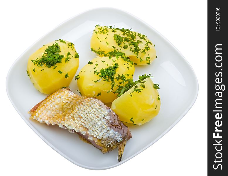 Plate Of Potato With Fish Isolated On White