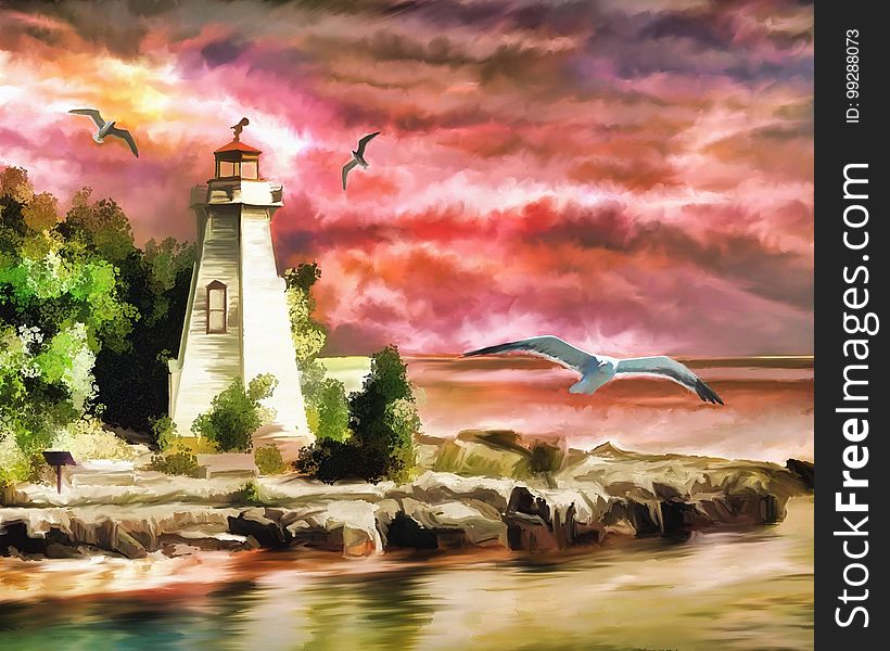 Painting, Sky, Lighthouse, Tower