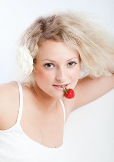 Young Woman In White Dress Eating Strawberries Stock Photo Young Woman In White Dress Eating Strawberries Stock Photo