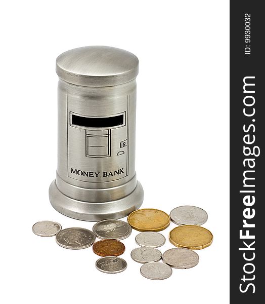 Money bank savings cup with a hole for coins and coins on the side. Money bank savings cup with a hole for coins and coins on the side