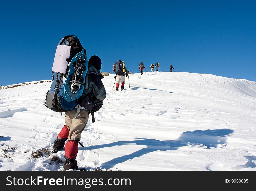 Hikers are in winter in mountains