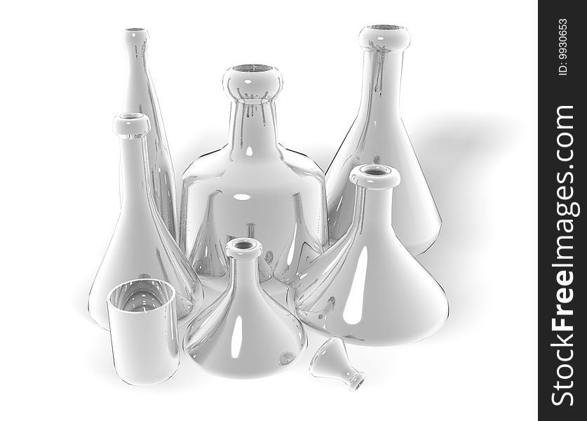 Flasks and bottles with a shiny surface of isolation on a white background. 3D model.