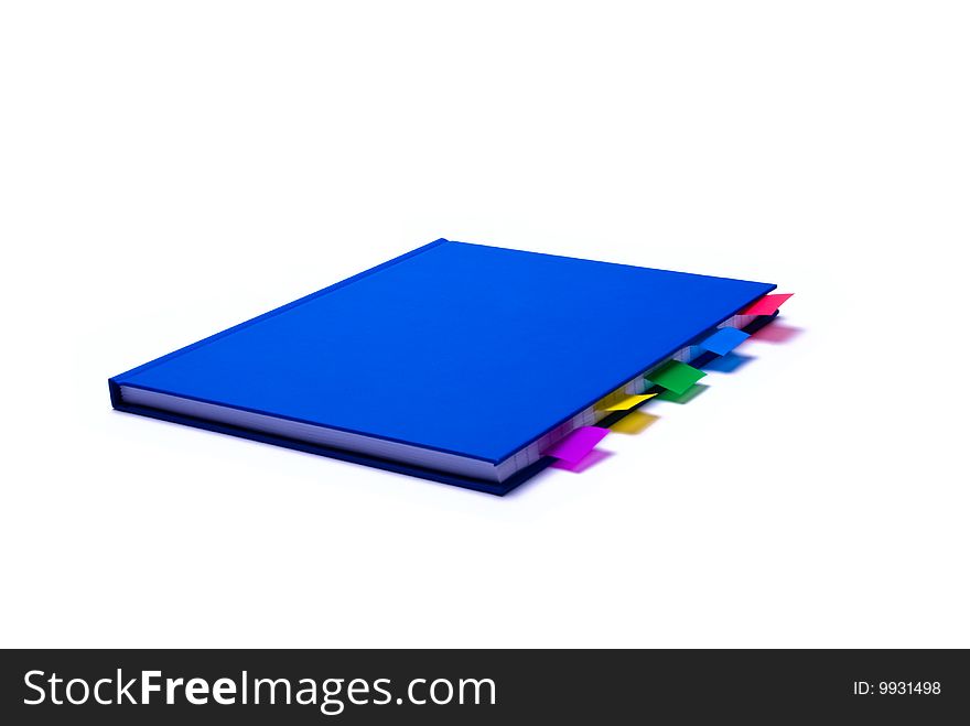 Blue notepad with colorfull bookmarks on white background. Blue notepad with colorfull bookmarks on white background