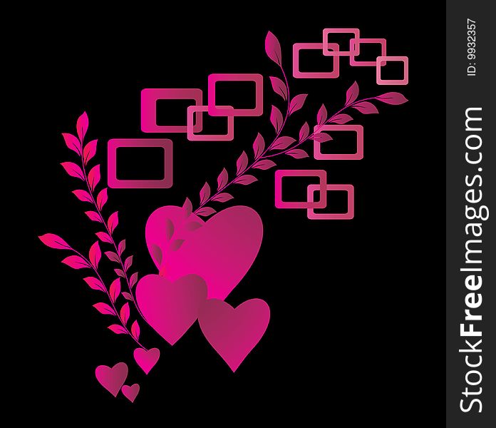Hearts with branches on a black background. Hearts with branches on a black background