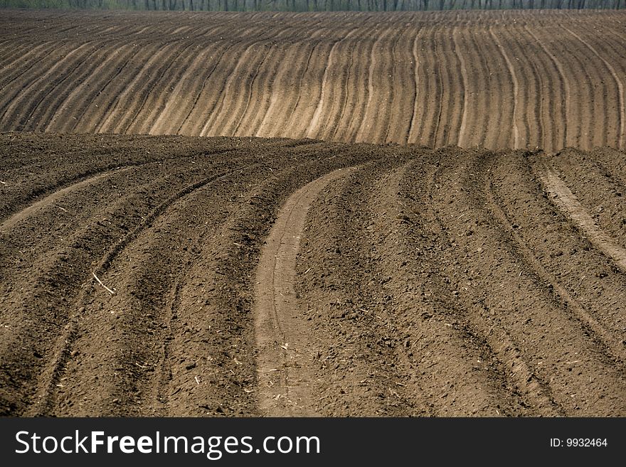 Cultivated land. Furrows on cultivated field (brown soil, horizontal view)