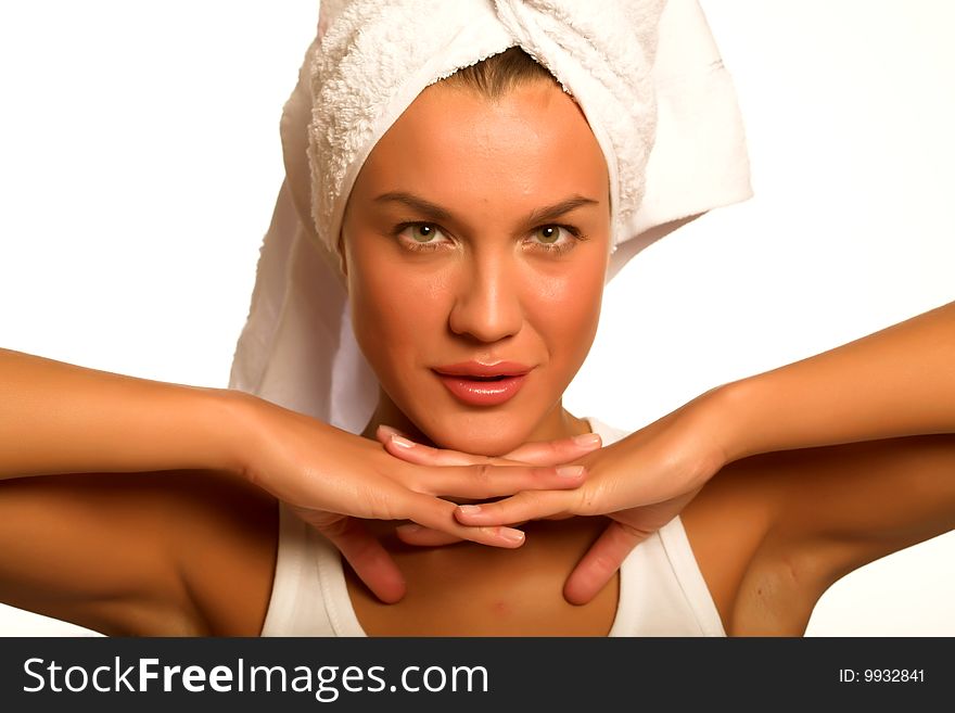 Portrait of young beautiful woman after bath