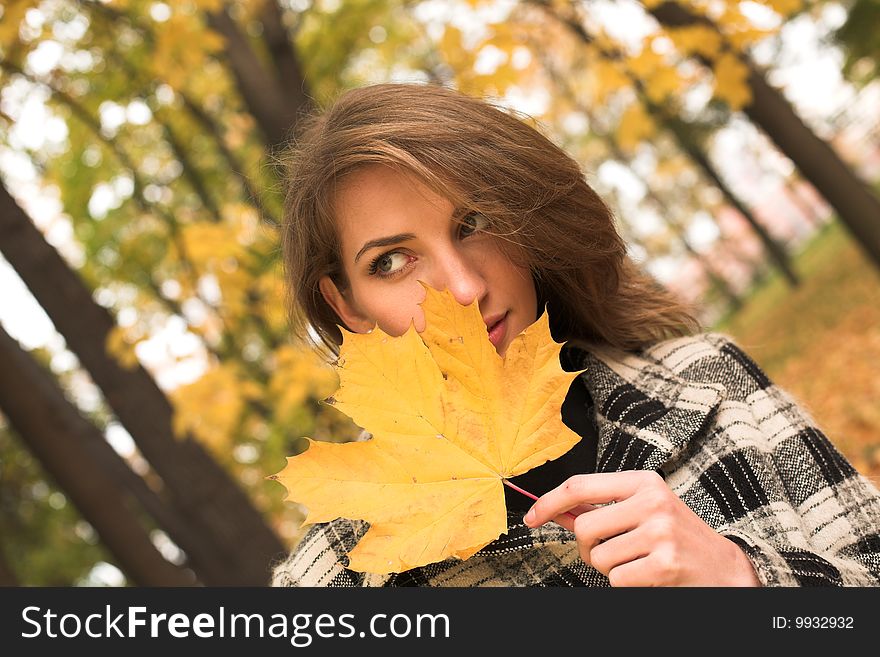 Young woman with a bouquet of maple leaves. Young woman with a bouquet of maple leaves