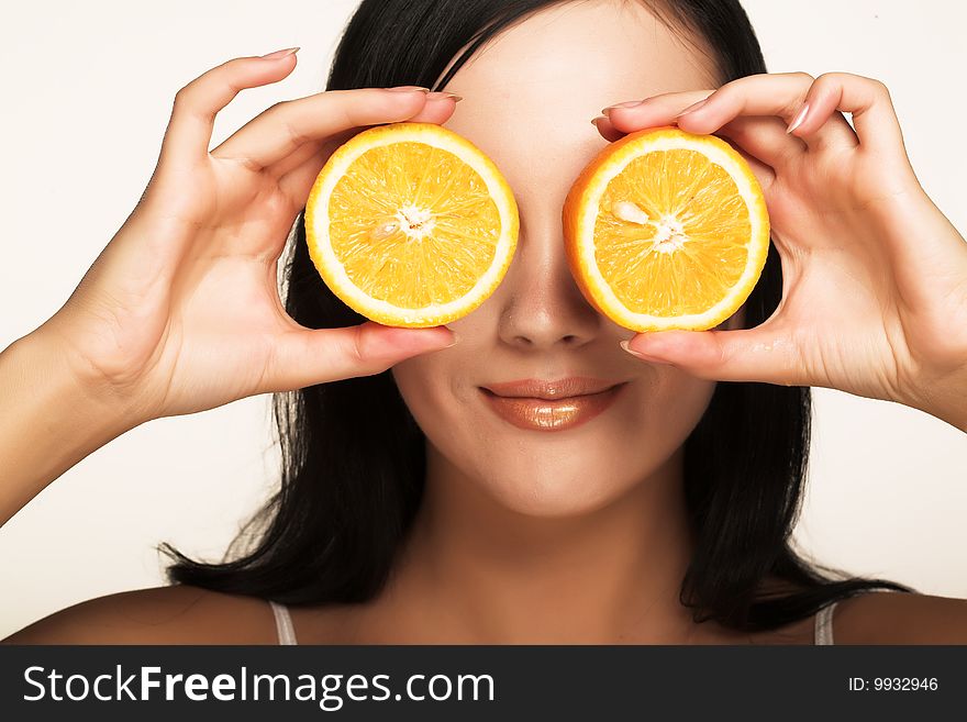 Beautiful girl with juicy orange