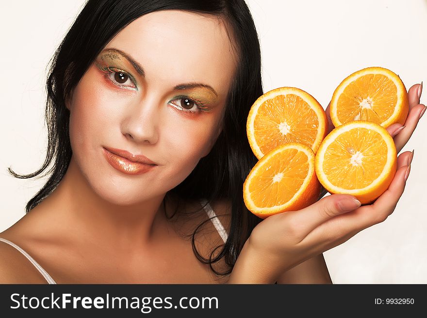 Beautiful girl with juicy orange