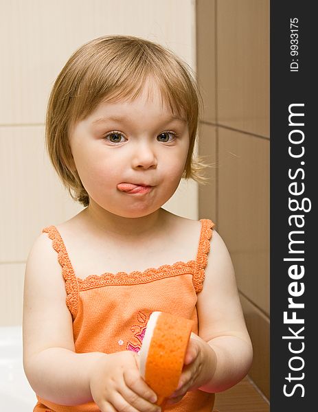 Sweet toddler baby girl cleaning teeth. Sweet toddler baby girl cleaning teeth