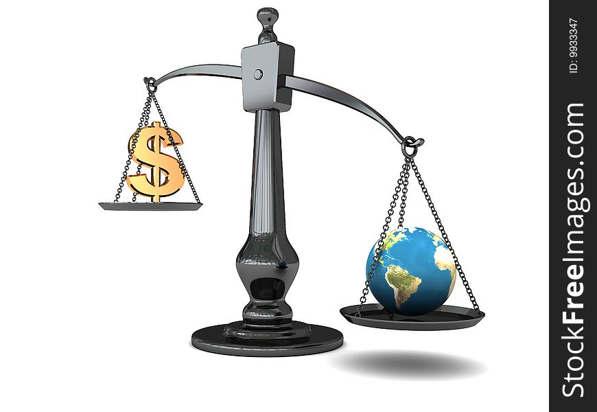 3d illustration of earth gobe and dollar sign on scale. 3d illustration of earth gobe and dollar sign on scale