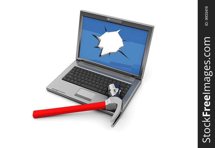 3d illustration of laptop with crashed screen and hammer. 3d illustration of laptop with crashed screen and hammer
