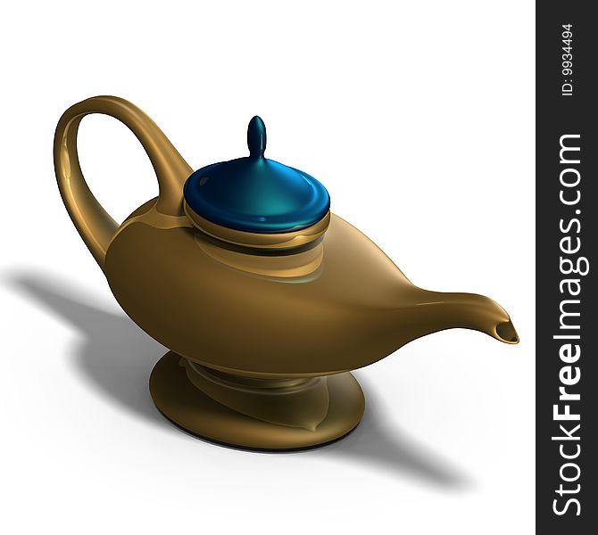 The magical lamp of Aladdin. 3D render with clipping path and shadow over white. The magical lamp of Aladdin. 3D render with clipping path and shadow over white